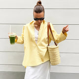 Spring Summer Butter Yellow Striped Women Loose Shirts Fashion Turndown Collar Single Breasted Thin Lady Shirts