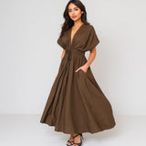 Spring Summer Vintage Women Dresses Fashion Single Breasted Sashes Draped V Neck Sleeveless Solid Ladies Dresses