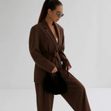 Spring Summer Office Lady Elegant Solid Women Suit Fashion Casual Sashes Straight Shrug Blazer Chic Zipper Long Pant