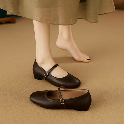 Genuine Leather Flat Bottom French Vintage Single Shoes Soft Leather Bean Bean Shoes Square Head One Strap Ballet Shoes Mary Jan