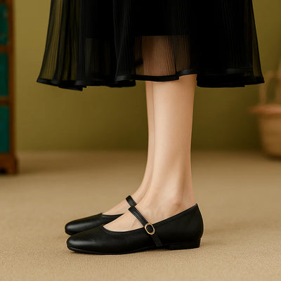 Genuine Leather Flat Bottom French Vintage Single Shoes Soft Leather Bean Bean Shoes Square Head One Strap Ballet Shoes Mary Jan