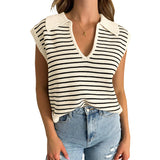 Women's V Neck Cap Sleeve Sweater Vest Sleeveless Collared Striped Knit Tank Tops