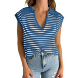 Women's V Neck Cap Sleeve Sweater Vest Sleeveless Collared Striped Knit Tank Tops