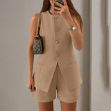 Women's Summer 2 Piece Short Sets Sleeveless Crew Neck Suit Vest Tops High Waist Shorts Business Outfits