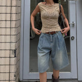 Retro Pleated Wide Leg Straight Denim Shorts Without Belt