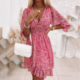 Womens Boho Floral Deep V Neck Smocked Elastic Waist Casual A-Line Swing Mini Dress Sundress