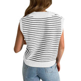 Women's V Neck Cap Sleeve Sweater Vest Sleeveless Collared Striped Knit Tank Tops