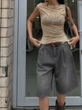 Retro Pleated Wide Leg Straight Denim Shorts Without Belt