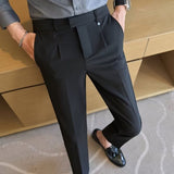 Men’s High-Waist Straight Double-Pleated Casual Suit Trousers – High Stretch