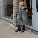 Retro Pleated Wide Leg Straight Denim Shorts Without Belt