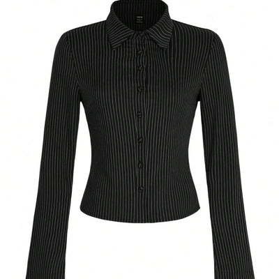 Fashion Casual All-match V-neck Striped Long Sleeve Shirt Top