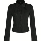 Fashion Casual All-match V-neck Striped Long Sleeve Shirt Top