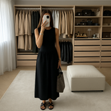 MUJER Black Pleated Long Dresses for Women Knitted Sleeveless Maxi Dress Woman Vintage Party Womens Dresses Spring Casual Dress