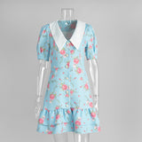 French Style V-neck Puff Sleeve Dress Waist Trimming Printing Ruffles