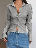 Fashion Casual All-match V-neck Striped Long Sleeve Shirt Top