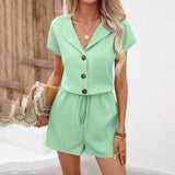Women's 2-Piece Summer Lounge Set, Textured Short Sleeve Button-Down Shirt And Matching Shorts Outfit