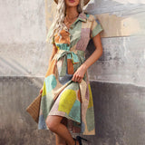 Women's Bohemian Floral Midi Dress V-Neck Short Sleeve Casual Dress, Slight Stretch Woven Fabric, Vibrant Print,  Summer Fashion