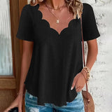 Womens Summer Scallop Trim V Neck Eyelet T-Shirt Short Sleeve Top Dressy Casual Tunic Blouses
