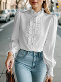 Women’s Fashionable Stand-Up Collar Long-Sleeved Shirt with Ruffled Hem – Solid Colour