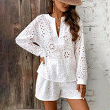 Women's Solid Color Elegant V-Neck Lace Long Sleeve Blouse & Shorts Set - Summer Casual Minimalist Outfit